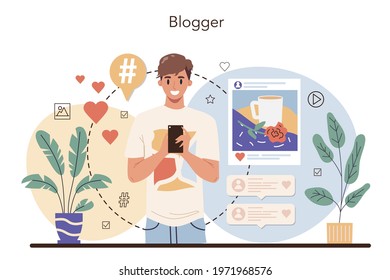 Blogger concept. Sharing media content in the internet. Idea of social media and network. Online communication, giveaway advert. Isolated flat vector illustration