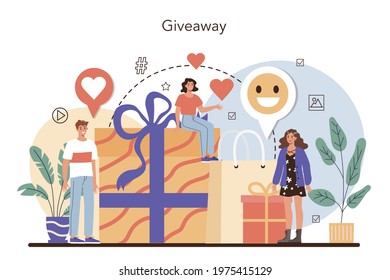 Blogger concept. Sharing media content in the internet. Idea of social media and network. Online communication, giveaway advert. Isolated flat vector illustration