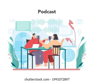 Blogger concept. Sharing media content by a broadcast in the studio. Radio host talking through the microphone Online communication, creative occupation or hobby. Isolated flat vector illustration