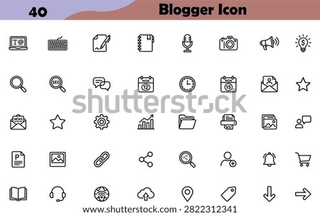 Blogger and content creation line icons in editable stroke style. SEO, writing, publishing, keyboard, podcast, article, social media, vlog, digital marketing collection. Editable stroke. Vector.