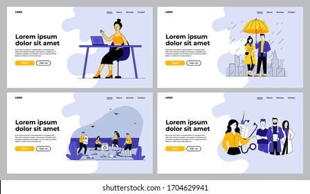 Blogger, couple, volunteers, doctors set. People working at home, visiting doctor. Flat vector illustrations. Lifestyle, job, activity concept for banner, website design or landing web page
