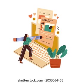 Blogger creating content for blog. Tiny woman copywriter writing new post for social media. Author at laptop. Copywriting and blogging concept. Flat vector illustration isolated on white background