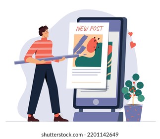 Bloguero creando contenido. Blogueo, copywriter o periodismo. El joven gestor de contenidos masculino dibuja un nuevo post en sus redes sociales. La profesión creativa o el hobby. Dibujo vectorial plano de dibujos animados