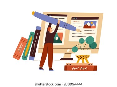 Blogger creating new post at computer. Content manager working with texts for social network. Copywriter writing for online blog. Flat vector illustration of creator isolated on white background