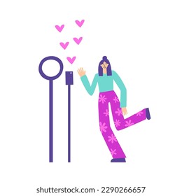 Blogger is dancing in front of camera. Woman influencer created her video by smartphone. Young girl dancer. Vector illustration