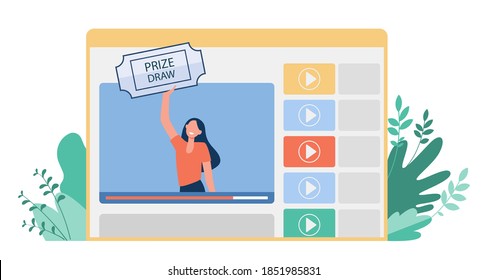 Blogger Drawing Prize For Her Followers. Video, Communication, Luck Flat Vector Illustration. Lottery And Social Media Concept For Banner, Website Design Or Landing Web Page