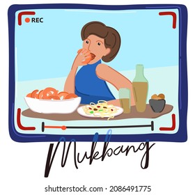 Blogger eating on camera. Mukbang concept. Woman eats shrimps and pasta and records her eating.