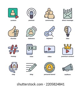 Bloggerelemente-Sammlung, flache Symbole, Farbiges Symbolpaket. Vektorgrafik. Flaches Design