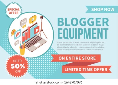 Blogger equipment banner isometric background with advertising text festive ribbons and images of home video technics vector illustration