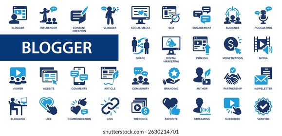 Blogger flat icons set. Content, social media, idea, influencer, community, followers icons and more signs. Flat icon collection.