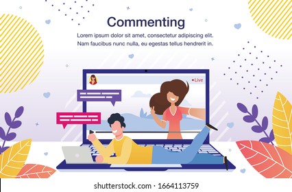 Blogger Followers Feedback, Content Consumer Reaction, People Social Network Activity Banner, Poster. Computer User, Streamer Subscriber or Fun Commenting Video Online Trendy Flat Vector Illustration