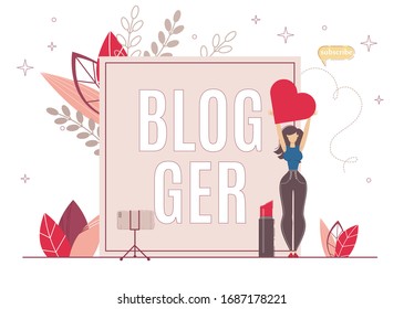 Blogger Gaining Viewers Love by Good Information. Beauty Blogger Girl Holding Heart in Hand, Next to her Big Lipstick, Phone on Tripod. She Talk about Makeup, Product and Application.