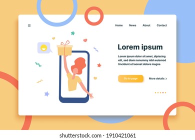 Blogger getting gift. Girl showing present box from phone screen flat vector illustration. Giving gift, bonus, discount concept for banner, website design or landing web page