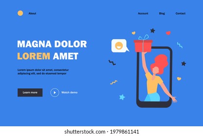 Blogger getting gift. Girl showing present box from phone screen flat vector illustration. Giving gift, bonus, discount concept for banner, website design or landing web page