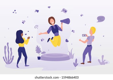 Blogger girl broadcasts live on her channel while she's being filmed by a subscriber. The African girl applauds the blogger. The illustration is in a flat style. 