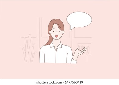 Blogger girl or clerk holds a webinar, blog, vlog, advertises in front of the webcam at the office. Confident business woman makes a presentation, training. Simple flat vector.