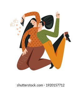 Blogger Girl Konzept flach Vektorgrafik-Illustration. Live-Streaming, Sendung, soziale Netzwerke. Trendy junge weibliche Figur mit Smartphone. Hübsche fröhliche Dame