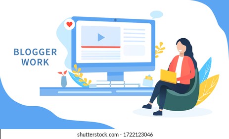 Blogger girl concept. The girl sits in the seat and thinks of creative ideas. Analyzes trends and edits videos. Blogger work outside the video. Cute girl video blogger and camera. Influencer lifestyle