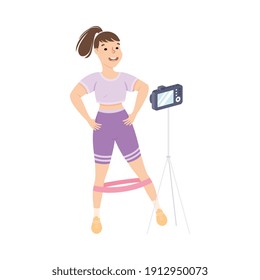 Blogger Girl Doing Fitness Workout and Recording Video with Camera on Tripod, Woman Doing Sport Exercise with Fitness Rubber Bands Cartoon Style Vector Illustration