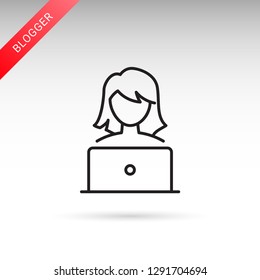 Blogger girl, laptop user thin line aislado icono vector plano - Vector 