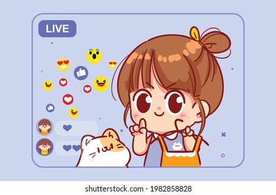 Blogger Girl Livestream Talking About Fashion On Smartphone Camera Presenting Dress Cartoon Art Illustration