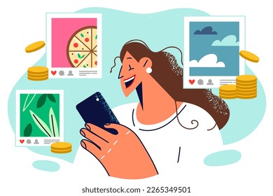 Blogger girl with phone stands among photos and coins symbolizing internet blogging. Woman blogger makes money on publications in social networks thanks to influencer marketing for advertiser