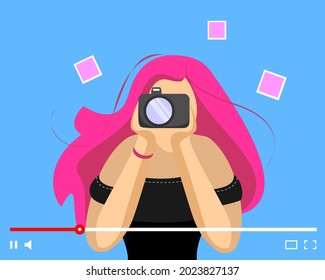 Blogger girl with photo camera on online video player interface. Female photographer web streaming. Beautiful woman photographing live stream tutorial. Influencer broadcast vlogger channel. Vector