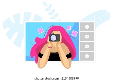Blogger girl with photo camera on online video player interface. Female photographer web streaming. Beautiful woman photographing live stream tutorial. Influencer broadcast vlogger channel. Vector eps