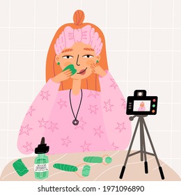 Blogger girl shows her beauty routine with gua sha scraper and face serum and record process on digital camera. Cartoon vector illustration.