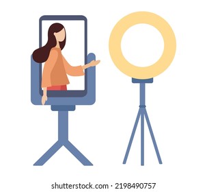 Blogger girl in smartphone app and light lamp. Social media. Influencer marketing. Social influences concept. Vector flat illustration 