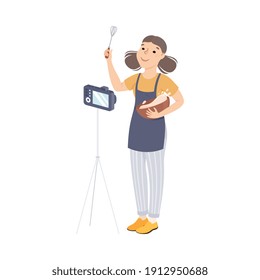 Blogger Girl Teaching to Cook New Recipe, Blogging, Cooker Streaming Live Video in her channel, Social Media Networking Concept Cartoon Style Vector Illustration