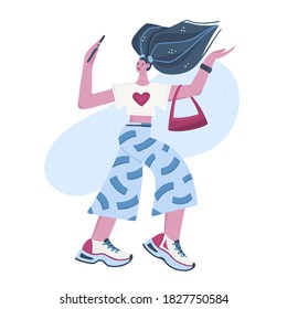 The blogger girl walks and communicates with her subscribers on her smartphone or takes a selfie. Influencer. Woman in stylish clothes. Character design. Fashionista. Flat style. Vector illustration