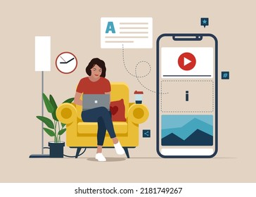 Blogger girl works on laptop. Female journalist create content for blog. Blogging, copywriting concept. Modern smartphone with social network app. Webpage with various media content. 