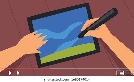 Blogger Giving Drawing Tutorial Online Vector Illustration. Social Media Creator Concept