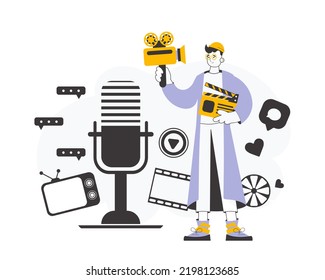 Blogger guy. The concept of social networking. Line art trendy style. Vector.