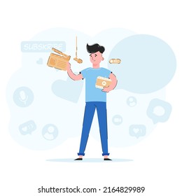 The blogger guy holds a movie clapperboard in his hands. Online blogging concept. Trendy vector.