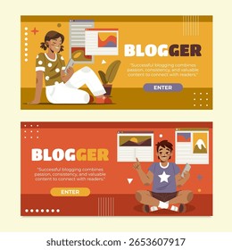 Blogger dibujado a mano plano Anuncio Horizontal Set