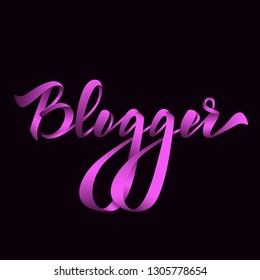 Blogger - hand lettering on vaporwave/ synthwave style. Black background. Handwritten inscription for label, emblem, page,t-shirt,poster, sale,blogger aso. Vector Illustration.