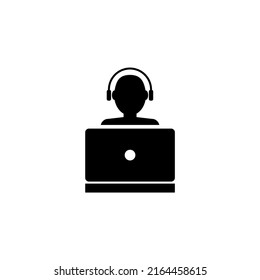Blogger in Headphones with Laptop, Gamer Hacker. Flat Vector Icon illustration. Simple black symbol on white background. Blogger Developer and Laptop sign design template for web and mobile UI element