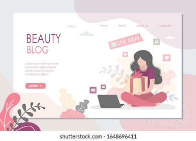 Blogger holding gift box. Woman vlogger gives presents between her followers. Giveaway event landing page template. Online stream on video channel. Beauty female character. Vector illustration