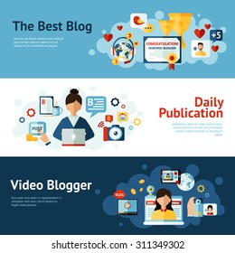Blogger horizontal banner set with blog publication elements isolated vector illustration