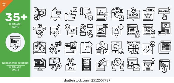 Coleção de ícones do blogueiro. Contendo influenciadores, conteúdo, criação, vlogger, mídias sociais, marketing digital e ícones da comunidade. Ícone sólido definido. Ilustração vetorial.