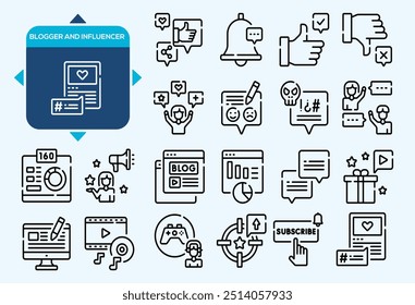 Coleção de ícones do blogueiro. Contendo influenciadores, conteúdo, criação, vlogger, mídias sociais, marketing digital e ícones da comunidade. Ícone sólido definido. Ilustração vetorial.