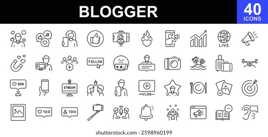 Blogger icon set. Containing influencer, content, creation, like, vlogging, blog, vlogger, social media, followers, personal brand, video equipment, digital marketing and more