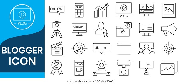 Conjunto de ícones do blogueiro. Contendo influenciador, conteúdo, criação, vlogger, mídia social, marketing digital, como, vlogging, blog, marca pessoal e muito mais. Ilustração vetorial.