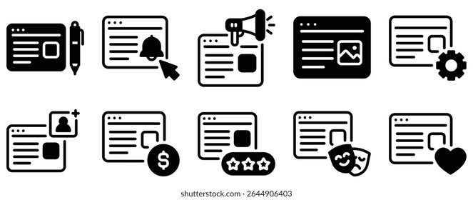 Blogger Icon Set Solid Style Collection que representa a criação de conteúdo e publicação online adequado para blogs pessoais, marketing digital e plataformas de mídia social