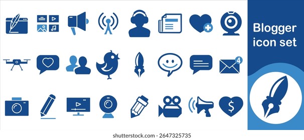 Conjunto de ícones do blogueiro, conjunto, vídeo, blogger, blogging, serviço, câmera, vetor, outline, rede, ícone, coleção, como, blog, sinal, social, mídia, popular, registro e muito mais