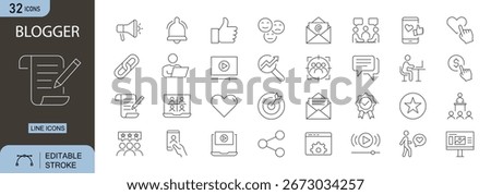 Blogger icons set. Includes icons for writing, post, comment, share, media, pen, article, blog tools, and online publishing. Editable stroke. Line icons. Perfect for infographics.