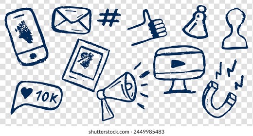 Blogger icons in sketch style. Vector isolated sign. Influencer collection. Social media symbols