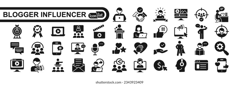 Blogger and Influencer icon collection. Containing influencer, content, creation, vlogger, social media, digital marketing and community icons. Vector illustration.